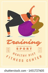 Fitness Woman Poster. Health sport in club. Cute Plus Size banner. Fat girl doing exercises, loses weight, warming up. Full body character and ball on pastel background.