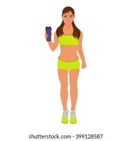 fitness woman with protein shake, vector illustration