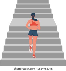 Fitness woman runner in training. The girl runs up the steps. Athlete runs upstairs. Back view woman in a tracksuit. Active lifestyle. Vector illustration flat design. Athletic body. Intense workout