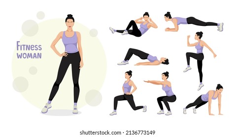 Fitness woman. A set of exercises for women. Lunges, push-ups, squats, planks. Body workout. The concept of an active and healthy life. Vector illustration isolated on white background