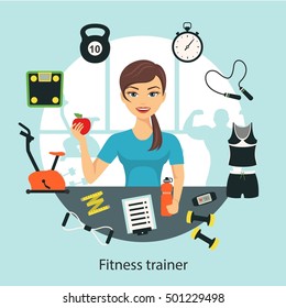 Fitness woman with sport and equipments icons set. Young girl with apple and bottle in her hands. Healthy life concept illustration