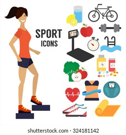 Fitness woman, sport infographic icons. Healthy lifestyle concept. Vector illustration