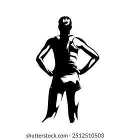 Fitness woman standing with hands on hips, rear view. Isolated vector silhouette