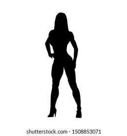 Fitness woman standing and posing, healthy lifestyle, active people, isolated vector silhouette. Bodybuilder