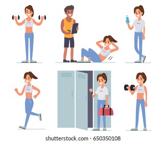 Fitness woman training in gym. Flat style vector illustration isolated on white  background.