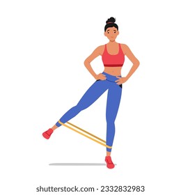 Fitness Woman Uses Leg Expander For A Challenging Lower Body Workout. Female Character Targeting Muscles In The Legs And Glutes For Strength And Toning. Cartoon People Vector Illustration