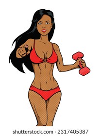 Fitness woman. Vector illustration. Fitness exercises improve cardiovascular endurance and flexibility A fitness woman workout with dumbbells build upper body strength The bodybuilder pose reflects