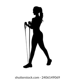 Fitness woman working out with resistance band silhouette on white