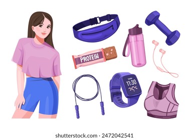 Fitness woman with workout equipment including dumbbell, protein bar, water bottle, earphones, sports bra, jump rope, smartwatch, and waist bag. Health and exercise concept.