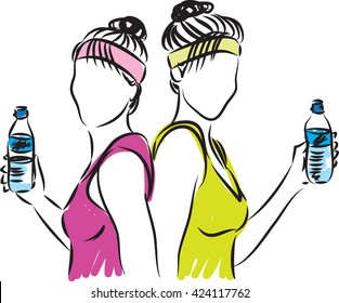 fitness women with bottle of water illustration