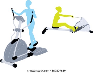 Fitness women doing exercises at stationary rowing and elliptical trainer machines. Gym workout vector illustration.