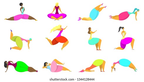 Fitness women icon set. Vector flat style design illustration isolated on white background. Diverse young girls running, doing fitness and yoga exercises.