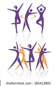 Fitness women icons Silhouettes of Two groups of women practicing fitness activities. Vector illustration. 