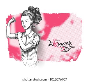 Fitness Women Poster - Happy Women's Day design. Hand Drawn Sketch Vector illustration.