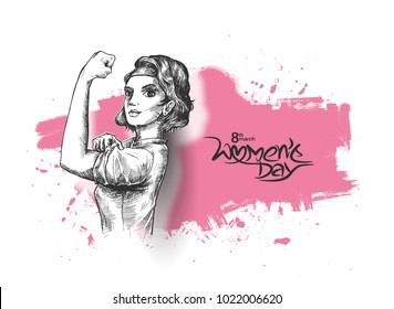 Fitness Women show her power - Happy Women's Day design. Hand Drawn Sketch Vector illustration.