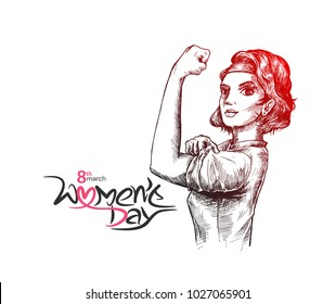 Fitness Women show her power - Happy Women's Day design. Hand Drawn Sketch Vector illustration.
