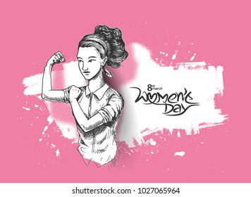 Fitness Women show her power - Happy Women's Day design. Hand Drawn Sketch Vector illustration.