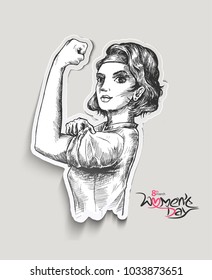 Fitness Women show her power - Happy Women's Day design. Peel off Sticker vector illustration.