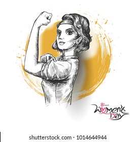 Fitness Women show his power - Happy Women's Day design. Hand Drawn Sketch Vector illustration.