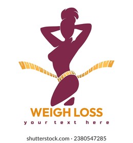 Fitness Women Silhouette  posing with sewing meter. Weight Loss Logo Design isolated on white vector illustration