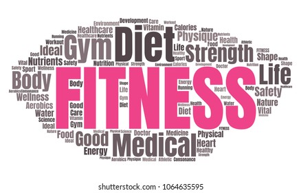 Fitness Word Cloud. Vector Collage Made of Popular Tags on Wellness Theme