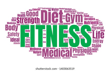 Fitness Word Cloud. Vector Collage Made of Popular Tags on Wellness Theme