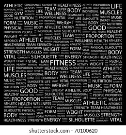 FITNESS. Word collage on black background. Illustration with different association terms.