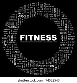 FITNESS. Word collage on black background. Vector illustration. Illustration with different association terms.