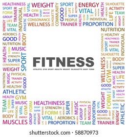 FITNESS. Word collage on white background. Illustration with different association terms.