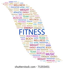 FITNESS. Word collage on white background. Vector illustration. Illustration with different association terms.