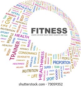 FITNESS. Word collage on white background. Vector illustration. Illustration with different association terms.