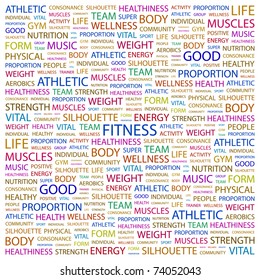 FITNESS. Word collage on white background. Vector illustration. Illustration with different association terms.