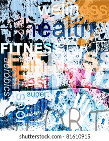 FITNESS. Word Grunge collage on background.