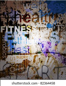 FITNESS. Word Grunge collage on background.