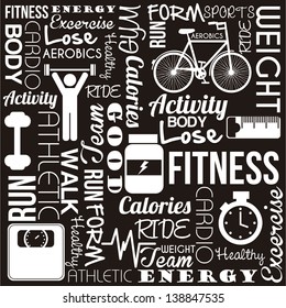 fitness words over black background. vector illustration