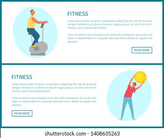 Fitness working out people vector, website with text, woman using inflatable ball for flexibility. Man sitting on bicycle stationary machine web page