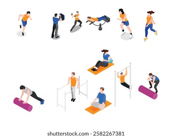 Fitness and Workout Activities - People Exercising 3d isometric vector illustration