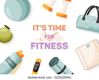 El concepto de fitness con equipamiento. Ilustración del vector diseño plano moderno