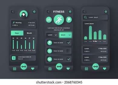 Fitness Workout Concept Neumorphic Templates Set. Daily Running Tracker, Sports Activity, Training Planning. UI, UX, GUI Screens For Responsive Mobile App. Vector Design Kit In Neumorphism Style