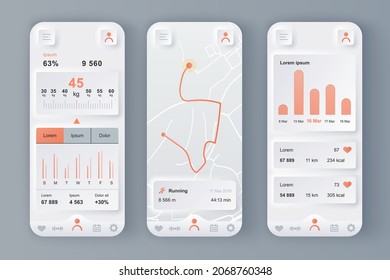 Fitness Workout Concept Neumorphic Templates Set. Weight And Calorie Tracker, Running Route, Training Statistics. UI, UX, GUI Screens For Responsive Mobile App. Vector Design Kit In Neumorphism Style