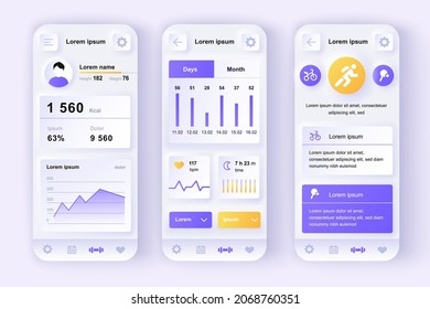 Fitness workout concept neumorphic templates set. Sports activity tracker, calorie tracking, training statistics. UI, UX, GUI screens for responsive mobile app. Vector design kit in neumorphism style