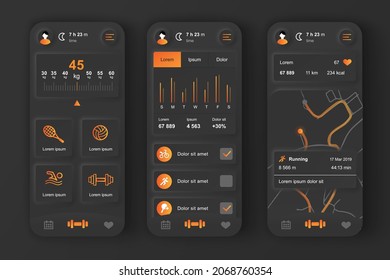 Fitness workout concept neumorphic templates set. Sports activity tracker, weight check, map with route for run. UI, UX, GUI screens for responsive mobile app. Vector design kit in neumorphism style