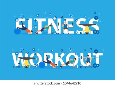 Fitness workout concept of training people doing workout with equipment. with letters for signs creative design, Vector illustration modern layout template