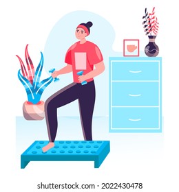 Fitness workout concept. Woman doing step aerobics and exercising with dumbbells. Active sport, wellness, body training character scene. Vector illustration in flat design with people activities