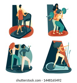 Fitness and workout exercise in gym. Vector set of gym icons in flat style isolated on white background. People in gym.