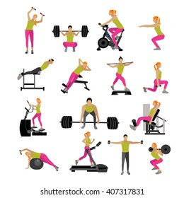 Fitness and workout exercise in gym. Vector set of gym icons in flat style isolated on white background. People in gym. Gym equipment, dumbbell, weights, treadmill, ball.