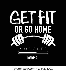 Fitness workout gym concept with barbell and muscles loading text / Design for prints, posters, t shirts etc