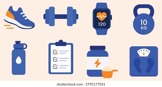 Fitness and Workout Icon Collection Featuring Exercise Training Gym Equipment Health Monitoring Nutrition and Active Lifestyle Concepts