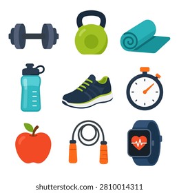 Fitness workout icon set with dumbbell kettlebell yoga mat shoes stopwatch bottle and smartwatch for health app website infographic and sports training design
