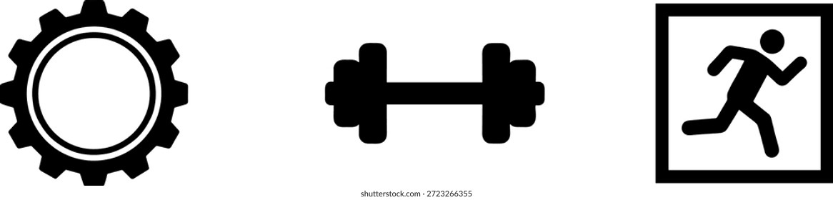Conjunto de ícone de fitness e treino com engrenagem, haltere e figura de corrida, ideal para ginásio, treinamento e temas de saúdeConjunto de ícone de fitness e treino com engrenagem, haltere e figura de corrida, ideal para ginásio, treinamento e temas de saúde